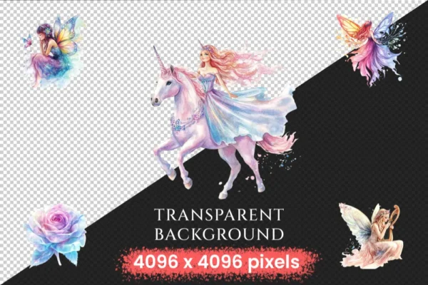 Magical Fairies Watercolor Clipart Bundle - 403+ transparent PNG, Fairy magic graphics, Enchanting images, Commercial use, Digital download