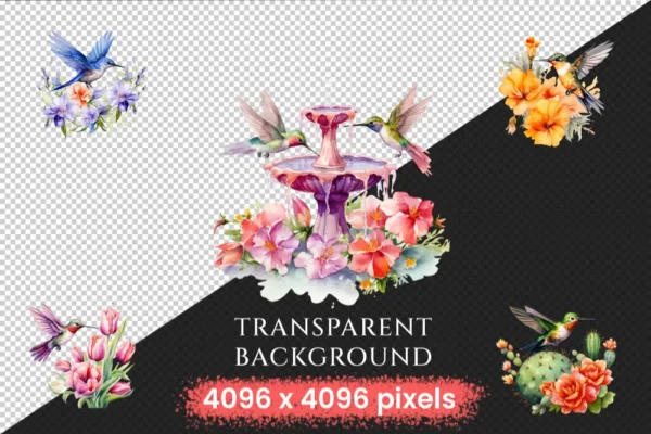 Floral Hummingbirds Watercolor Clipart Bundle - 380+ transparent PNG, Hummingbirds png, Spring bird images, Commercial use, Digital download