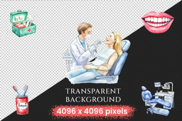 Dentistry Watercolor Clipart Bundle - 547+ transparent PNG, Dental equipment graphics, Oral health images, Commercial use, Digital download