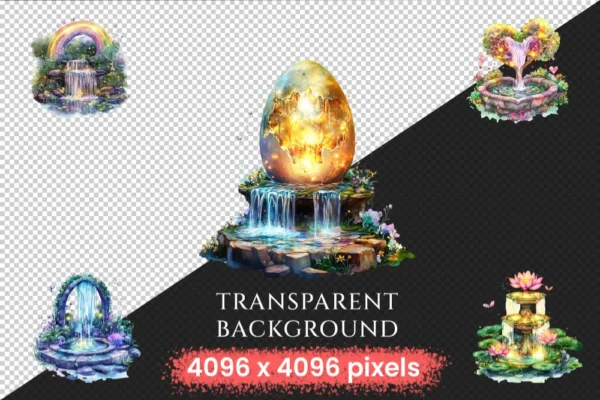 Fairy Fountains Watercolor Clipart Bundle - 427+ transparent PNG, Magical garden graphics, Enchanted fairy, Commercial use, Digital download