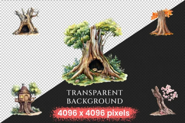 Tree Trunks Watercolor Clipart Bundle - 385+ transparent PNG, Wooden nature illustration, Eco forest art, Commercial use, Digital download