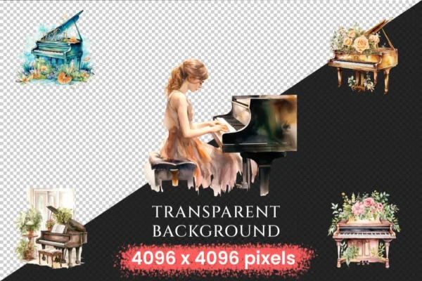 Piano Watercolor Clipart Bundle - 492+ transparent PNG, Musical instrument graphics, Melodic piano keys, Commercial use, Digital download