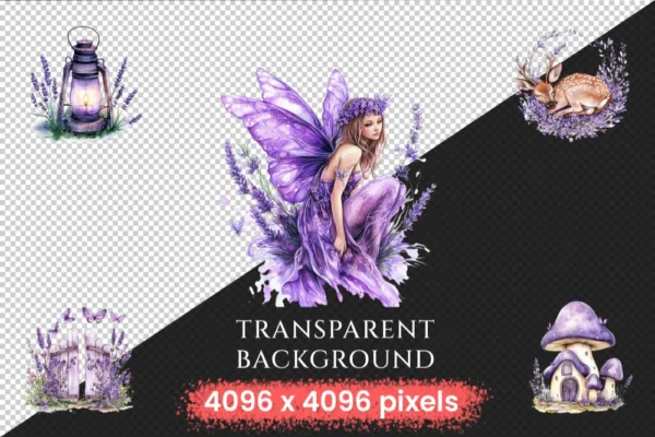 Fairy Dust Watercolor Clipart Bundle - 325+ transparent PNG, Fairytale purple graphics, Whimsical lilac art, Commercial use,Digital download