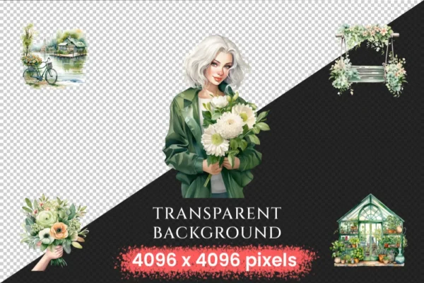 Green Spring Watercolor Clipart Bundle - 430+ transparent PNG, Cute spring girl graphics, Cozy spring png, Commercial use,Digital download