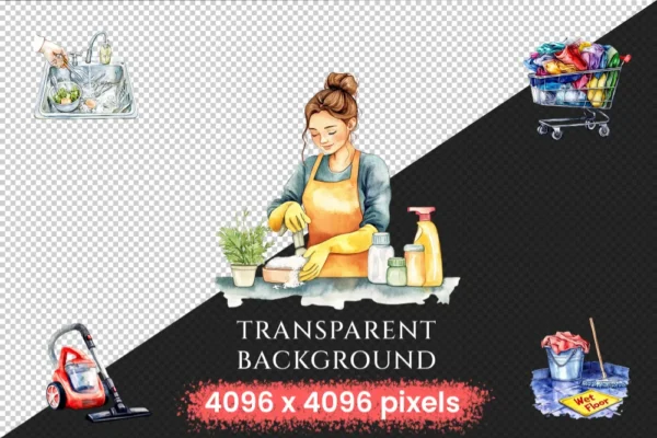 Cleaning Watercolor Clipart Bundle - 825+ transparent PNG, Cleaning supplies illustration, Sanitation png, Commercial use, Digital download