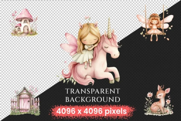 Fairy World Watercolor Clipart Bundle - 523+ transparent PNG, Whimsical fairy garden graphics, Unicorn png, Commercial use, Digital download