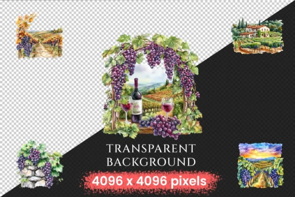Vineyards Watercolor Clipart Bundle - 233+ transparent PNG, Rustic vineyard landscapes, Wine decor images, Commercial use, Digital download