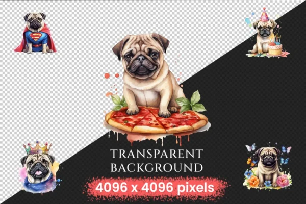 Pugs Watercolor Clipart Bundle - 345+ transparent PNG, Charming pug illustrations, Playful puppy graphics, Commercial use, Digital download