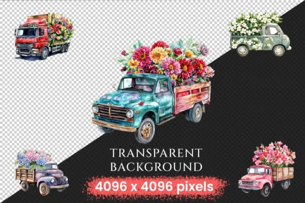 Floral Trucks Watercolor Clipart Bundle - 523+ transparent PNG, Blossom truck graphics, Floral vehicle png, Commercial use, Digital download