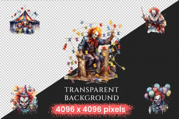 Scary Clowns Watercolor Clipart Bundle - 325+ transparent PNG, Creepy halloween graphics, Spooky clown art, Commercial use, Digital download