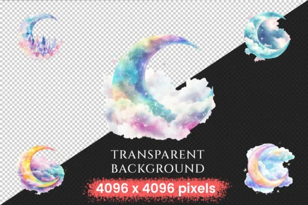 Heavenly Moons Watercolor Clipart Bundle - 389+ transparent PNG, Mystical night graphics, Ethereal moon art, Commercial use,Digital download