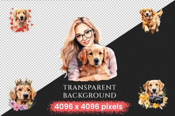 Golden Retrievers Watercolor Clipart Bundle - 345+ transparent PNG, Playful dog graphics, Golden pup art, Commercial use, Digital download