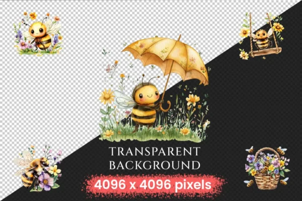 Cute Honey Bees Watercolor Clipart Bundle - 440+ transparent PNG, Sweet bee graphics, Loving insect art, Commercial use, Digital download