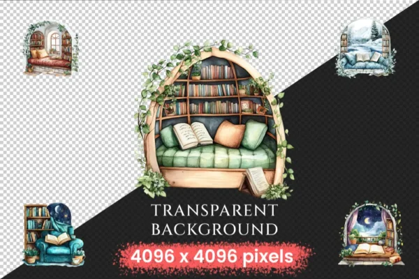 Magical Reading Nook Watercolor Clipart Bundle - 457+ transparent PNG, Cozy book images, Enchanted nook png, Commercial use,Digital download