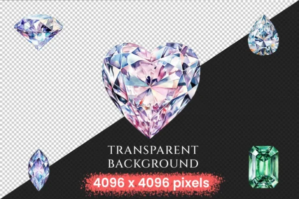 Diamonds Watercolor Clipart Bundle - 270+ transparent PNG, Elegant gem graphics, Sparkling jewel images, Commercial use, Digital download
