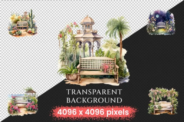 Garden Benches Watercolor Clipart Bundle - 603+ transparent PNG, lovely garden graphics, Rustic outdoor png, Commercial use,Digital download