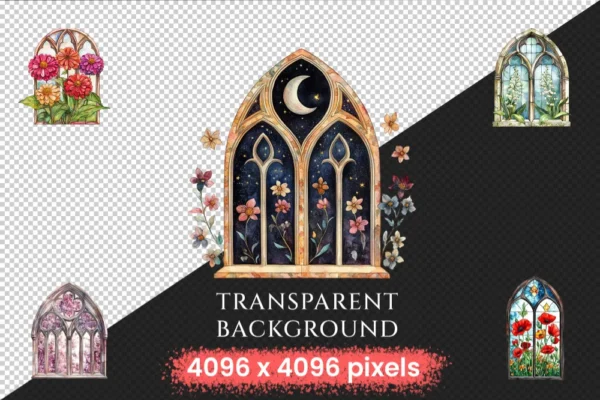 Floral Church Windows Watercolor Clipart Bundle - 340+ transparent PNG, Sacred graphics, Floral glass art, Commercial use, Digital download