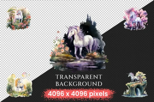 Elderwood Unicorns Watercolor Clipart Bundle - 685+ transparent PNG, Unicorn forest images, Fairytale art, Commercial use, Digital download