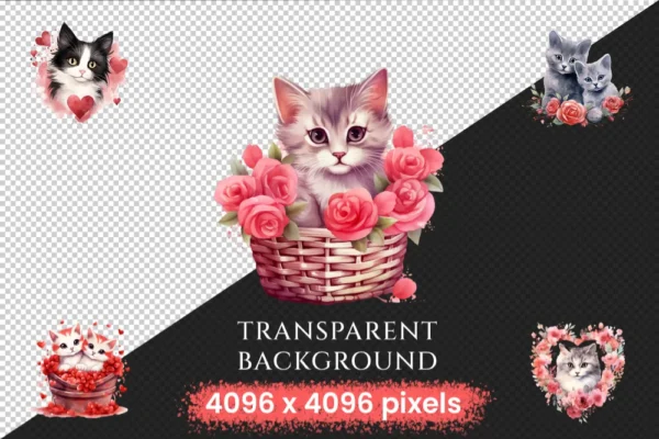 Valentine's Day Cats Watercolor Clipart Bundle - 1070+ transparent PNG, Romantic cat png,Loveable kitten art,Commercial use,Digital download