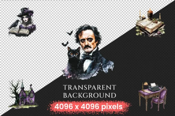 Dark Poem Watercolor Clipart Bundle - 500+ transparent PNG, Edgar allan poe graphics, Dark victorian png, Commercial use, Digital download