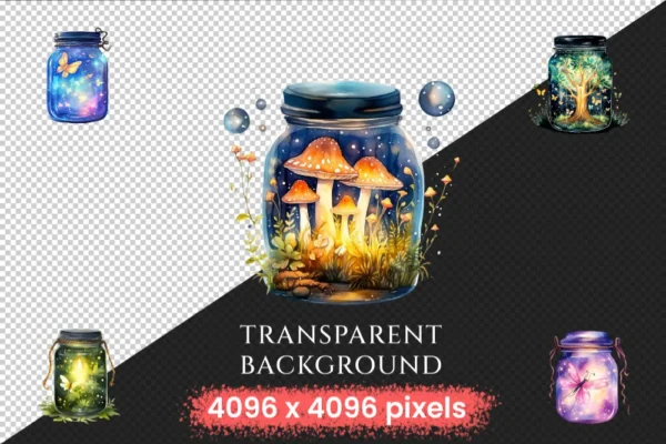 Firefly Jars Watercolor Clipart Bundle - 253+ transparent PNG, Whimsical fairytale graphics, Storybook art, Commercial use, Digital download