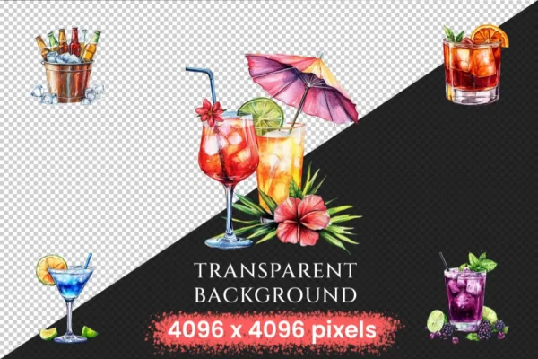 Alcoholic Drinks Watercolor Clipart Bundle - 690+ transparent PNG, Liquor cocktail illustrations, Drink png, Commercial use,Digital download