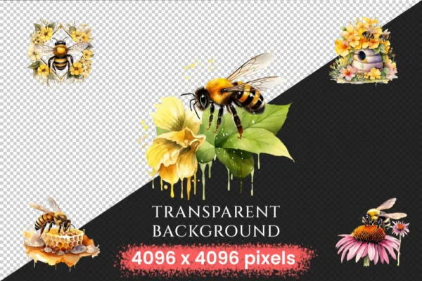 Bumblebees Watercolor Clipart Bundle - 645+ transparent PNG, Honey insect illustrations, Buzzing bee png, Commercial use, Digital download
