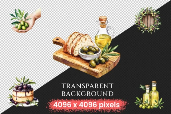 Olives Watercolor Clipart Bundle - 405+ transparent PNG, Mediterranean charm illustrations, Olive images, Commercial use, Digital download