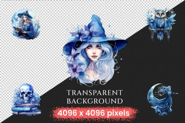 Celestial Witches Watercolor Clipart Bundle - 245+ transparent PNG, Enchanting graphics, Fantasy images, Commercial use, Digital download
