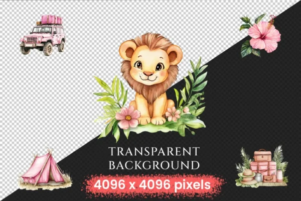 Pink Safari Watercolor Clipart Bundle - 290+ transparent PNG, Delicate nature graphics, Pink wildlife art, Commercial use, Digital download