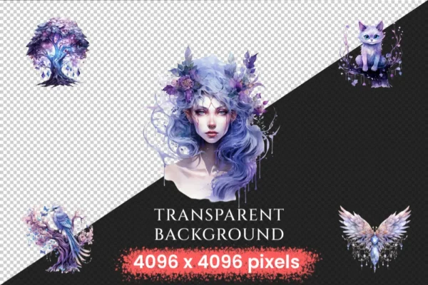 Nightforest Fairies Watercolor Clipart Bundle - 197+ transparent PNG, Magical illustrations, Fantasy images, Commercial use,Digital download