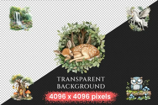 Whispering Woods Watercolor Clipart Bundle - 440+ transparent PNG, Mystical forest graphics, Enchanted art, Commercial use, Digital download