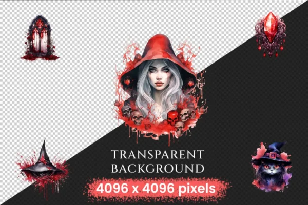 Gothic Witches Watercolor Clipart Bundle - 295+ transparent PNG, Fantasy fairytale graphics, Enchanting png, Commercial use,Digital download