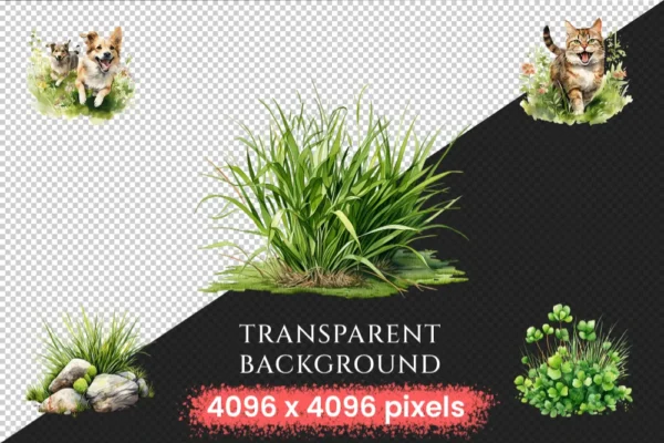 Grass Watercolor Clipart Bundle - 135+ transparent PNG, Botanical grass illustrations, Spring greenery art, Commercial use, Digital download