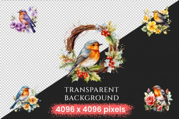 Robins Watercolor Clipart Bundle - 280+ transparent PNG, Delightful bird graphics, Adorable robin images, Commercial use, Digital download