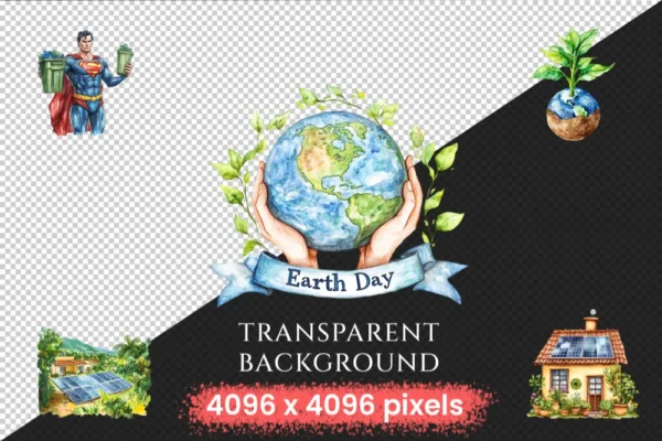 Earth Day Watercolor Clipart Bundle - 503+ transparent PNG, Eco-Friendly graphics, Planet care png images, Commercial use, Digital download