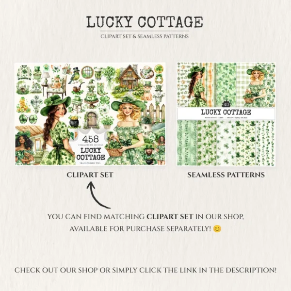 Lucky Cottage Seamless Patterns, Shamrock floral JPEG, Green celtic pattern, St. patrick’s day repeating pattern, Digital scrapbook paper