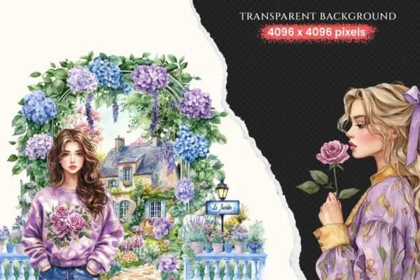 Monet's Garden Watercolor Clipart Set - 550+ transparent PNG, Spring garden graphics, Romantic florals art, Commercial use, Digital download
