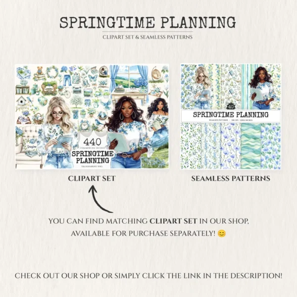Springtime Planning Seamless Patterns, Cute spring JPEG, Spring reading pattern, Meadow flowers repeating pattern, Digital scrapbook paper