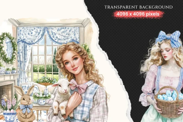 Grandmillenial Easter Watercolor Clipart Set - 260+ transparent PNG, Easter toile graphics, Chinoiserie png, Commercial use,Digital download
