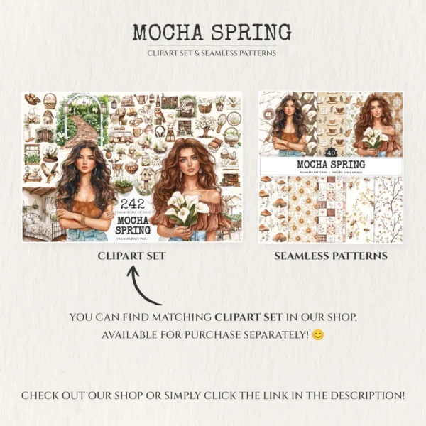 Mocha Spring Seamless Patterns, Cottage spring JPEG, Calla lily pattern, Mushroom, Spring flowers repeating pattern, Digital scrapbook paper
