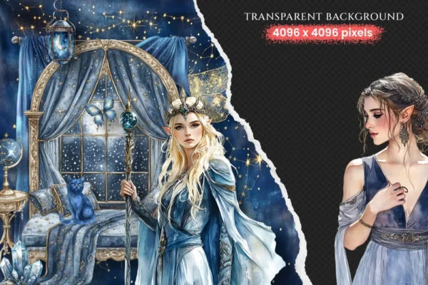 Celestial Elf Watercolor Clipart Set - 215+ transparent PNG, Magical nightscape graphics, Cosmic stars art, Commercial use, Digital download