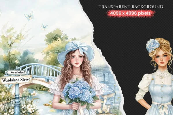 Modern Alice Watercolor Clipart Set - 250+ transparent PNG, Alice in wonderland graphics, Fairytale images, Commercial use, Digital download