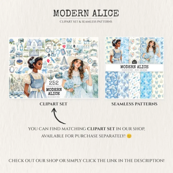 Modern Alice Seamless Patterns, Fairytale alice JPEG, Cottagecore pattern, Rabbit, Fantasy, Roses repeating pattern, Digital scrapbook paper