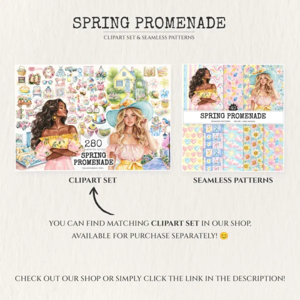 Spring Promenade Seamless Patterns, Spring JPEG, Cherry blossoms pattern, daisies, tulips, Floral repeating pattern, Digital scrapbook paper