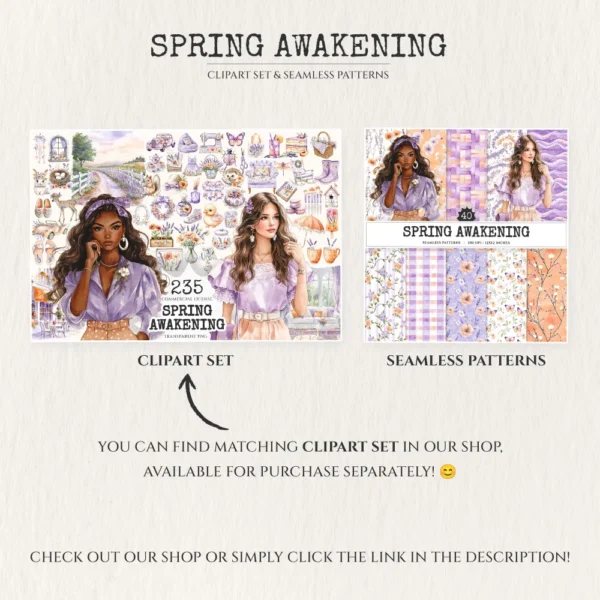 Spring Awakening Seamless Patterns, Whimsical spring JPEG, Floral pattern, Lavender, Spring meadow repeating pattern,Digital scrapbook paper