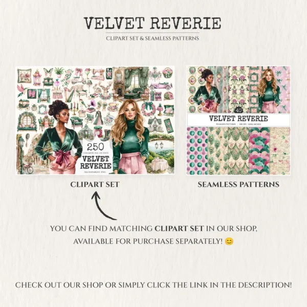 Velvet Reverie Seamless Patterns, Vintage Fashion JPEG, Pink pastel rose pattern, Emerald, Antique repeating pattern,Digital scrapbook paper