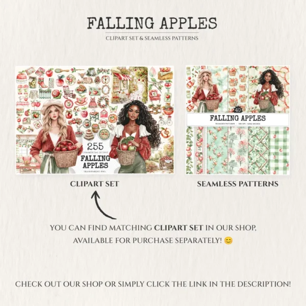 Falling Apples Seamless Patterns, Cozy autumn JPEG, Apples pattern, Pie, Leaves, Apple Gingham repeating pattern, Digital scrapbook paper