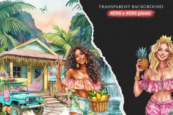 Tropical Island Rhythms Watercolor Clipart Set - 268+ transparent PNG, Seaside graphics, Tropical summer, Commercial use, Digital download