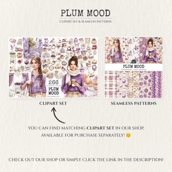 Plum Mood Seamless Patterns, Cozy autumn JPEG, Mushroom pattern, Floral, Plaid, Autumn leaves repeating pattern, Digital scrapbook paper
